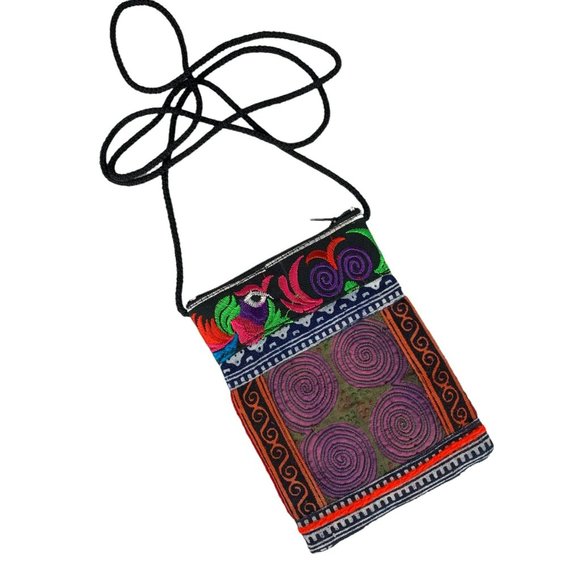 Hand Embroidered Handbag Purse Bird Flower Floral Swirl Bright Colors Multicolor - Picture 3 of 8